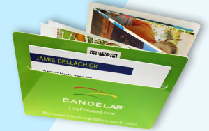 custom presentation folder designed to hold business cards and marketing materials for the Candelas housing development